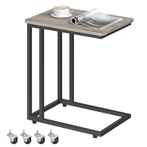 Produktbild: VASAGLE Beistelltisch, Sofatisch mit Rollen, C-Form, mobiler Kaffeetisch, 35 x 50 x 60 cm, Wohnzimmertisch mit Metallgestell, für Kaffee und Laptop, Industrie-Design, Greige-schwarz LNT050B02