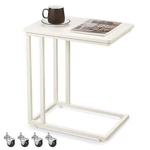 Produktbild: VASAGLE Beistelltisch, Sofatisch mit Rollen, C-Form, mobiler Kaffeetisch, 35 x 50 x 60 cm, Wohnzimmertisch mit Metallgestell, für Kaffee und Laptop, modern, cremeweiß LNT050W77