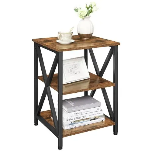 Produktbild: VASAGLE Beistelltisch mit 3 Ebenen, Nachttisch mit Stauraum, Beistelltisch mit S-förmigem Stahlrahmen für Wohnzimmer, Schlafzimmer, Holzlegierung, rustikales Braun und Schwarz, 40 x 39 x 50 cm