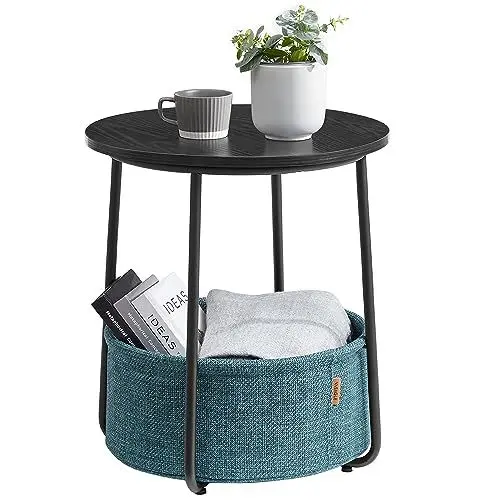 Produktbild: VASAGLE Beistelltisch rund, Kleiner Tisch, Couchtisch klein, Wohnzimmertisch, Korb aus Stoff, Stauraum für Wohnzimmer Schlafzimmer, Nachttisch modern, ebenholzschwarz-türkisblau LET223B56