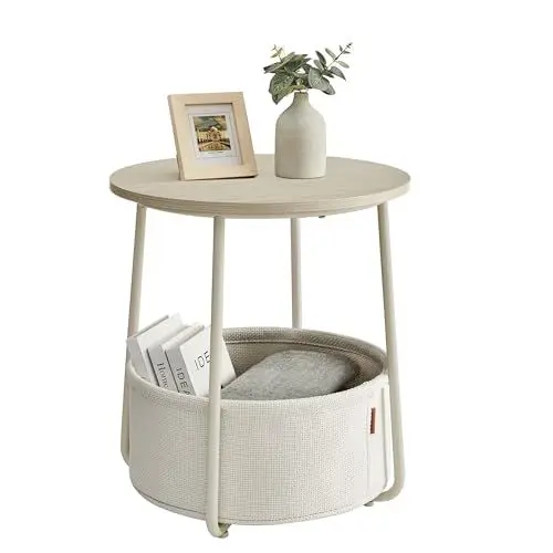 Produktbild: VASAGLE Beistelltisch rund, Kleiner Tisch, Couchtisch klein, Wohnzimmertisch, Korb aus Stoff, Stauraum für Wohnzimmer Schlafzimmer, Nachttisch modern, naturbeige-cremeweiß LET223K67