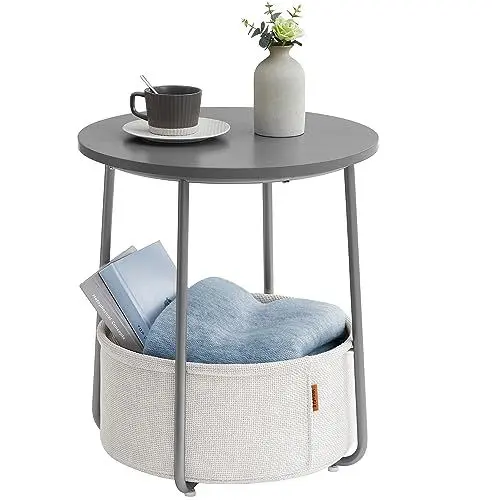 Produktbild: VASAGLE Beistelltisch rund, Kleiner Tisch, Couchtisch klein, Wohnzimmertisch, Korb aus Stoff, Stauraum für Wohnzimmer Schlafzimmer, Nachttisch modern, zementgrau-cremeweiß LET223G49