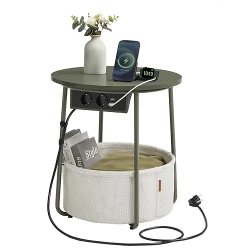 Produktbild: VASAGLE Beistelltisch rund, Kleiner Tisch, Couchtisch mit Steckdose, Wohnzimmertisch, Korb aus Stoff, Stauraum für Wohnzimmer Schlafzimmer, Nachttisch modern, waldgrün-cremeweiß LET228C05