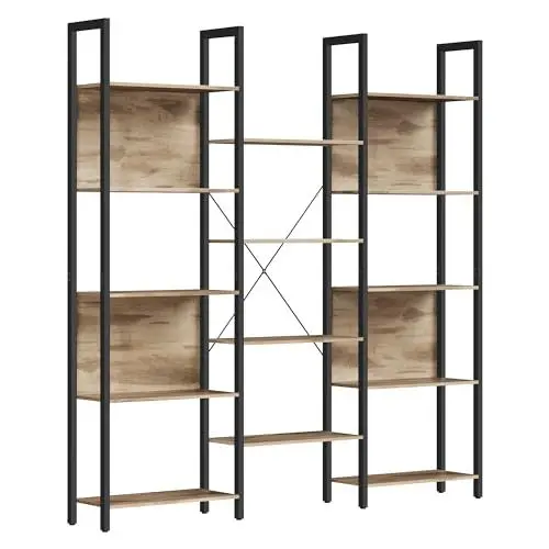 Produktbild: VASAGLE Bücherregal, Standregal mit 14 Ablagen, Regal mit Metallrahmen, für Wohnzimmer, Arbeitszimmer, Büro, Industrie-Design, 24 x 158 x 166 cm, Kamelbraun-tintenschwarz LLS107K01