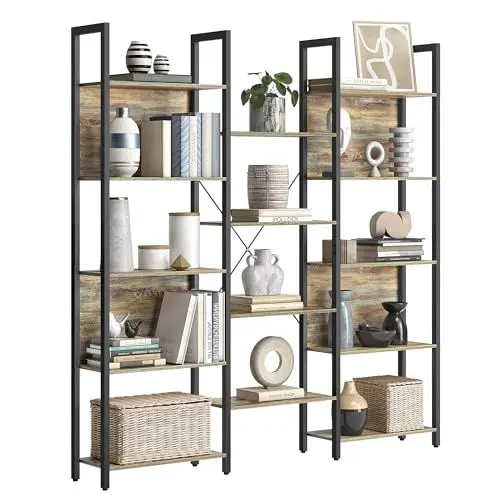 Produktbild: VASAGLE Bücherregal, Standregal mit 14 Ablagen, Regal mit Metallrahmen, für Wohnzimmer, Arbeitszimmer, Büro, Industrie-Design, 24 x 158 x 166 cm, türkisbraun-tintenschwarz LLS107B60