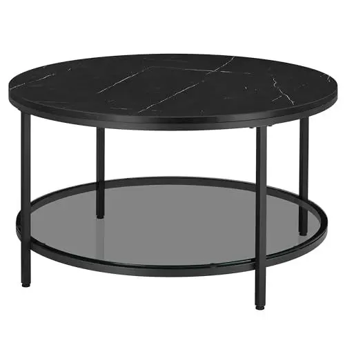 Produktbild: VASAGLE Couchtisch, Wohnzimmertisch, Sofatisch, für Wohnzimmer, mit Glasplatte, viel Stauraum, einfacher Aufbau, moderner Stil, marmorschwarz-tintenschwarz LCT071B58