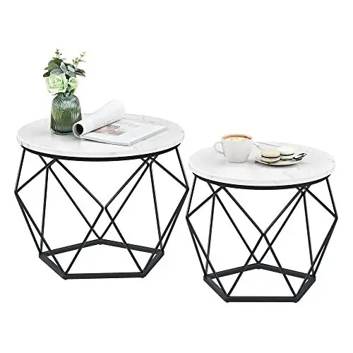 Produktbild: VASAGLE Couchtisch rund, 2er Set, Wohnzimmertisch, Beistelltisch, modern, abnehmbare Tischplatte, für Wohnzimmer, marmorweiß-tintenschwarz LET040B59