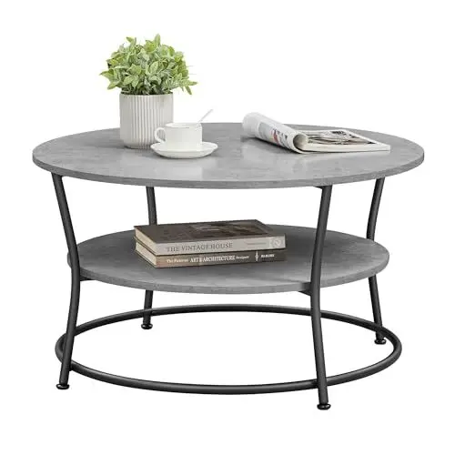Produktbild: VASAGLE Couchtisch rund, Wohnzimmertisch, Sofatisch mit Ablage, einfacher Aufbau, Metall, Industrie-Design, betongrau-tintenschwarz LCT080G78