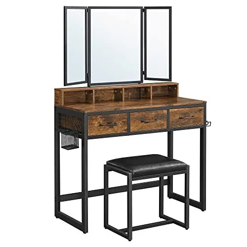 Produktbild: VASAGLE Doppel-Unterschrank-Set mit gepolstertem Hocker, Schminktisch mit Dreispiegel, 3 Schubladen, Haartrockner, Schminktisch, industrieller Stil, rustikal braun und schwarz RVT004B01