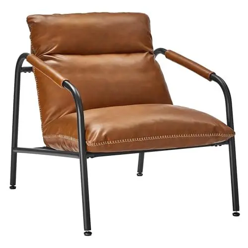 Produktbild: VASAGLE EKHO Kollektion - Loungesessel, Armlehnenstuhl mit Metallrahmen, Kunstleder, mit Nähten, Mid-Century-Modern-Stil, für Wohnzimmer, Schlafzimmer, Arbeitszimmer, Lounge, karamellbraun LAC014K01