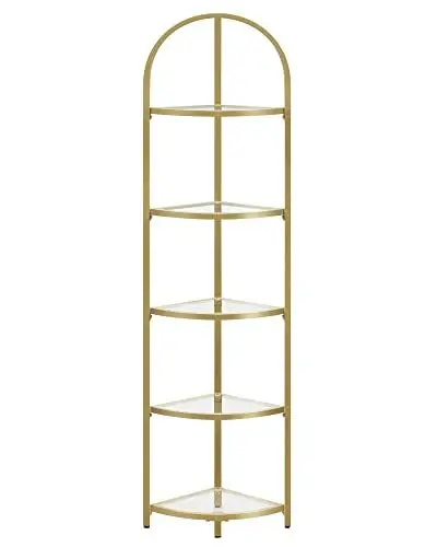 Produktbild: VASAGLE Eckregal 5 Ebenen, Bücherregal, Pflanzenregal, Standregal, Badezimmerregal, Ablagen aus Hartglas, Stahlrahmen, modern, für Wohnzimmer, Küche, metallisches Gold LGT810A01