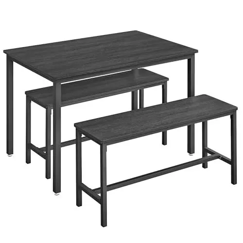 Produktbild: VASAGLE Esstisch mit 2 Bänken, 3er-Set, Küchentisch 70 x 110 x 75 cm, 2 Bänke je 30 x 97 x 50 cm, Stahlgestell, aschschwarz-tintenschwarz KDT070B21