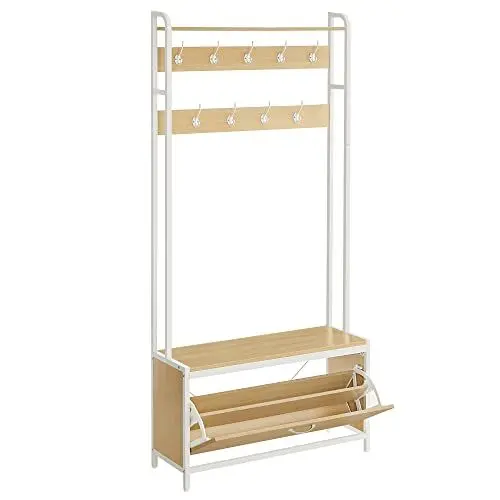 Produktbild: VASAGLE Garderobenständer mit Schuhschrank, Garderobe mit Sitzbank, Kleiderständer, Schuhkipper, 9 Haken, obere Ablage, für Flur, Schlafzimmer, modernes Design, eichenfarben-weiß HSR405W09