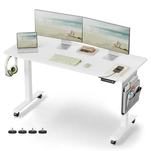 Produktbild: VASAGLE Höhenverstellbarer Schreibtisch elektrisch, 60 x 140 x (72-120) cm, stufenlos verstellbar, Memory-Funktion mit 4 Höhen, wolkenweiß LSD174W01, Holzspanplatte, Stahl, Oxford-Gewebe