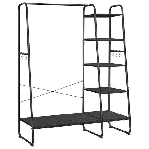 Produktbild: VASAGLE Kleiderständer, Garderobenständer, 45 x 120 x 160 cm Garderobe, Kleiderstange, Schuhablage, offener Kleiderschrank, 6 Haken abnehmbar, Schlafzimmer Flur, ebenholzschwarz-mattschwarz RGR116B02