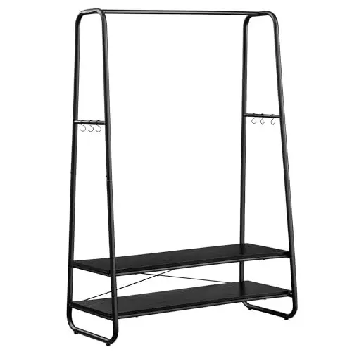 Produktbild: VASAGLE Kleiderständer, Garderobenständer, Garderobe, 2 Ablagen, 6 Haken in S-Form, Stahlgestell, 45 x 100 x 160 cm, für Schlafzimmer, Flur, Eingangsbereich, ebenholzschwarz-mattschwarz RGR112B03