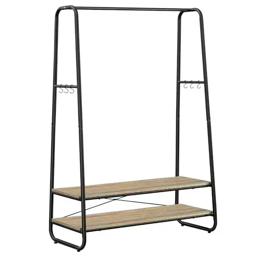 Produktbild: VASAGLE Kleiderständer, Garderobenständer, Garderobe, 2 Ablagen, 6 Haken in S-Form, Stahlgestell, für Schlafzimmer, Flur, Eingangsbereich, türkisbraun-mattschwarz RGR112K01