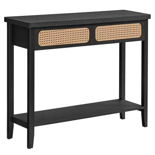 Produktbild: VASAGLE Konsolentisch, Flurtisch, Flur Möbel, schmaler Sofatisch für Wohnzimmer, mit 2 Schubladen, offene Ablage, abgerundete Ecken, Boho-Stil, aschschwarz LNT016B21