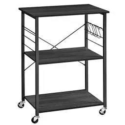 Produktbild: VASAGLE Küchenregal auf Rollen, Servierwagen mit 3 Ebenen, Küchenwagen, Mikrowellen-Regal, für Mini-Backofen, Toaster, Metallrahmen, mit 6 Haken, 40 x 60 x 89 cm, ebenholzfarben-schwarz KKS060B42