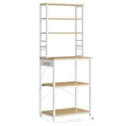 Produktbild: VASAGLE Küchenregal mit Steckdosen, Standregal für Küche, Mikrowellen-Regal, stehend, 6 Regalebenen und 6 Haken, für Mikrowelle, Stahlrahmen, 40 x 60 x 167 cm, goldeichenfarben-wolkenweiß KKS124Y01