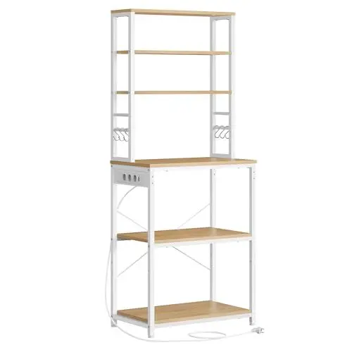 Produktbild: VASAGLE Küchenregal mit Steckdosen, Standregal für Küche, Mikrowellen-Regal, stehend, 6 Regalebenen und 6 Haken, für Mikrowelle, Stahlrahmen, 40 x 60 x 167 cm, goldeichenfarben-wolkenweiß KKS124Y01