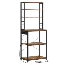 Produktbild: VASAGLE Küchenregal mit Steckdosen, Standregal für Küche, Mikrowellen-Regal, stehend, 6 Regalebenen und 6 Haken, für Mikrowelle, Stahlrahmen, 40 x 60 x 167 cm, vintagebraun-tintenschwarz KKS124K01