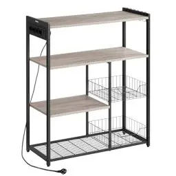 Produktbild: VASAGLE Küchenregal mit Steckdosen, Standregal mit 2 Metallkörben, Bäckerregal mit Haken und Regalablagen, Mikrowellenregal, 35 x 80 x 93,5 cm, Industrie-Design, greige meliert-tintenschwarz KKS196K02