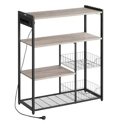 Produktbild: VASAGLE Küchenregal mit Steckdosen, Standregal mit 2 Metallkörben, Bäckerregal mit Haken und Regalablagen, Mikrowellenregal, 35 x 80 x 93,5 cm, Industrie-Design, greige meliert-tintenschwarz KKS196K02