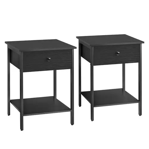 Produktbild: VASAGLE Nachttisch, 2er Set, Nachtkommode, Beistelltisch mit Schublade und Ablage, 40 x 40 x 55 cm, Schlafzimmer, Wohnzimmer, Stahlrahmen, einfacher Aufbau, ebenholzschwarz LET506B56