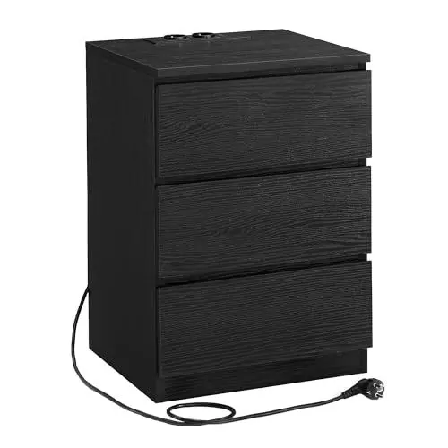 Produktbild: VASAGLE Kailyn Kollektion - Nachttisch mit Steckdosenleiste, Beistelltisch, 3 Schubladen, 2 AC-Steckdosen, 2 USB-A-Anschlüsse, modern, ebenholzschwarz LET631B56