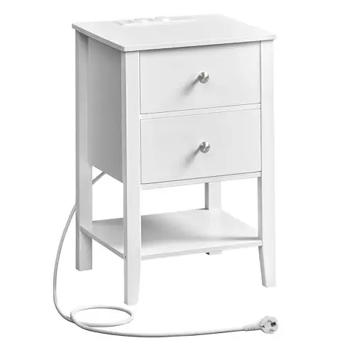 Produktbild: VASAGLE Nachttisch aus Bambus, Beistelltisch mit Ladefunktion, 2 Schubladen, offene Ablage, 2 USB-A-Anschlüsse, 2 AC-Anschlüsse, Minimalist, für Wohnzimmer, Schlafzimmer, Sofa, wolkenweiß LET623W02