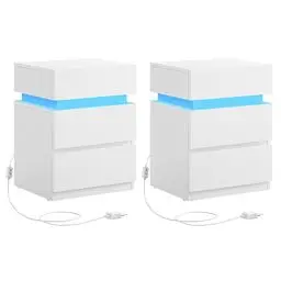 Produktbild: VASAGLE Nachttisch mit LED-Beleuchtung, 2er Set, Beistelltisch, einstellbare Farben, Sofatisch 3 Schubladen, Nachtschrank Schlafzimmer, modern, 35 x 40 x 55 cm, weiß LET0830W01