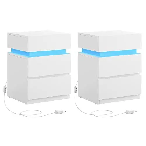 Produktbild: VASAGLE Nachttisch mit LED-Beleuchtung, 2er Set, Beistelltisch, einstellbare Farben, Sofatisch 3 Schubladen, Nachtschrank Schlafzimmer, modern, 35 x 40 x 55 cm, weiß LET0830W01