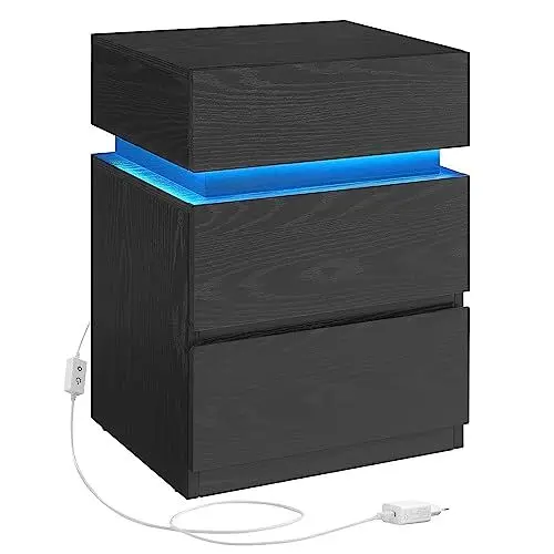 Produktbild: VASAGLE Nachttisch mit LED-Beleuchtung, Beistelltisch, einstellbare Farben, Sofatisch 3 Schubladen, Nachtschrank Schlafzimmer, modern, 35 x 40 x 55 cm, schwarz mit Holzmaserung LET630T56