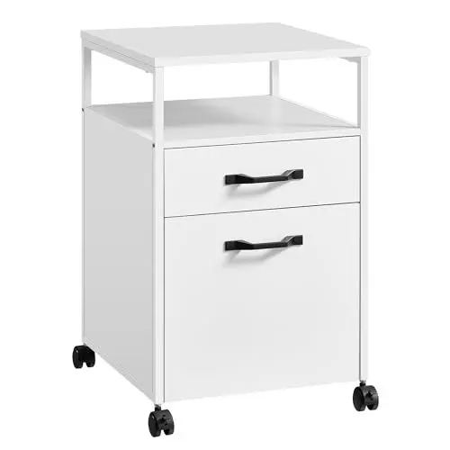 Produktbild: VASAGLE Rollcontainer, Aktenschrank mit 2 Schubladen, mobiler Büroschrank mit Rädern, offenes Fach, Hängeregistratur, Stahlgestell, modern, wolkenweiß OFC071W14