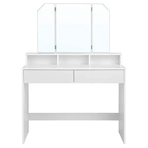 Produktbild: VASAGLE RDT115W01 Schminktisch mit Klappspiegel und 2 Schubladen, 3 offene Fächer, für Make-up, modern, Wolkenweiß