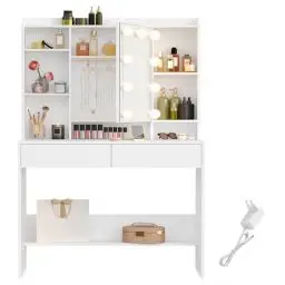 Produktbild: VASAGLE Schminktisch mit Beleuchtung, einstellbare Helligkeit, Frisiertisch mit Spiegel, Kosmetiktisch mit verstellbaren Ablagen, 2 Schubladen, modern, wolkenweiß RDT126W01