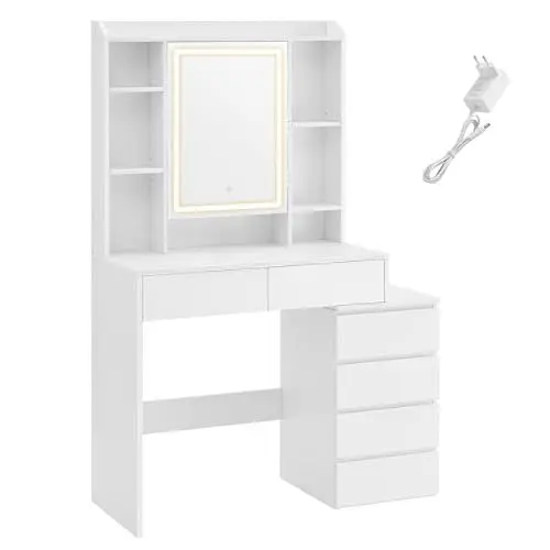 Produktbild: VASAGLE Schminktisch mit LED-Beleuchtung, einstellbare Helligkeit, Frisiertisch mit Spiegel, Kosmetiktisch mit Schubladen, offenen Fächern, verstellbaren Ablagen, modern, wolkenweiß RDT124W01