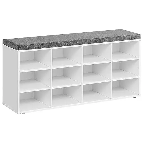 Produktbild: VASAGLE Schuhbank, Schuhregal mit Sitzfläche, Sitzbank mit Stauraum, Kissen, 12 Fächer, verstellbare Ablagen, für Wohnzimmer, Flur, 30,3 x 104 x 48 cm, wolkenweiß-Taubengrau LHS012W14