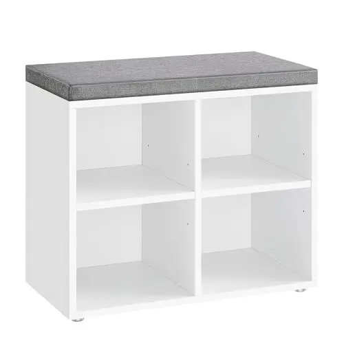 Produktbild: VASAGLE Schuhbank, Schuhregal mit Sitzfläche, Sitzbank mit Stauraum, Kissen, 4 Fächer, verstellbare Ablagen, für Wohnzimmer, Flur, 30,5 x 59,6 x 48 cm, wolkenweiß-Taubengrau LHS234W01