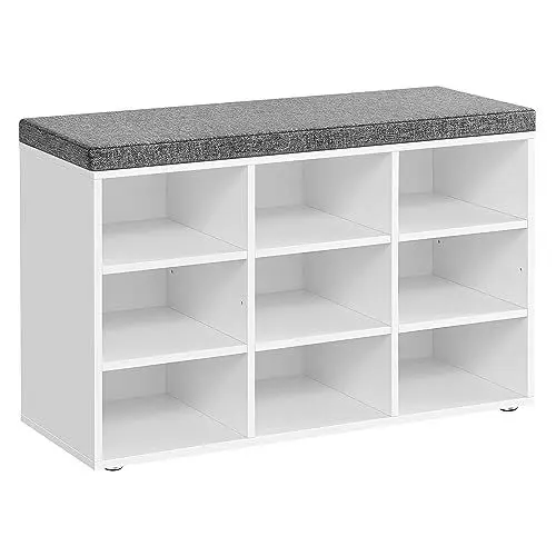 Produktbild: VASAGLE Schuhbank, Schuhregal mit Sitzfläche, Sitzbank mit Stauraum, Kissen, 9 Fächer, verstellbare Ablagen, für Wohnzimmer, Flur, 30,3 x 78,5 x 48 cm, wolkenweiß-Taubengrau LHS009W14