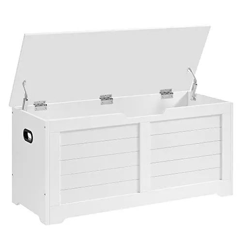 Produktbild: VASAGLE Schuhbank, Sitzbank mit Stauraum, Sitztruhe mit 2 Sicherheitsscharnieren, Aufbewahrungsschrank, Landhausstil, 40 x 100 x 46 cm, für Flur, Schlafzimmer, Wohnzimmer, wolkenweiß LSB061T10