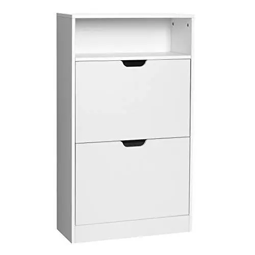 Produktbild: VASAGLE Schuhschrank 2 Klappen, Schuhkipper, Schuhregal, Schuhaufbewahrung, offenes Fach, Trennwand verstellbar, für 8-12 Paar Schuhe, Flur, 24 x 60 x 102 cm, wolkenweiß LBC040W01