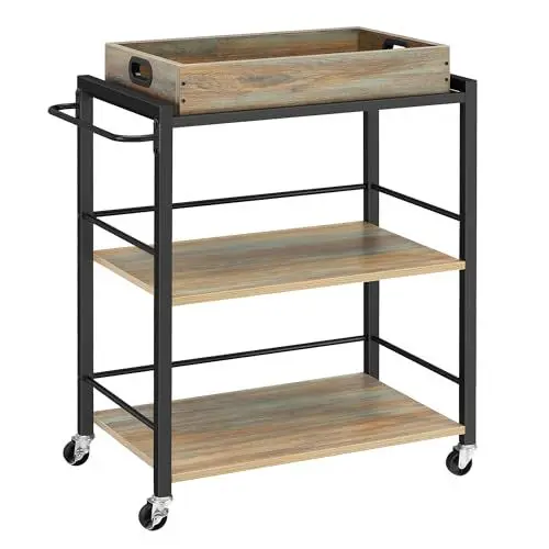 Produktbild: VASAGLE Servierwagen, Küchenwagen, abnehmbares Tablett, mit verstellbaren Füßen und Rollen, Küchenregal, Stahlrahmen, 40 x 72 x 86 cm, Industrie-Design, türkisbraun-tintenschwarz LRC072K60