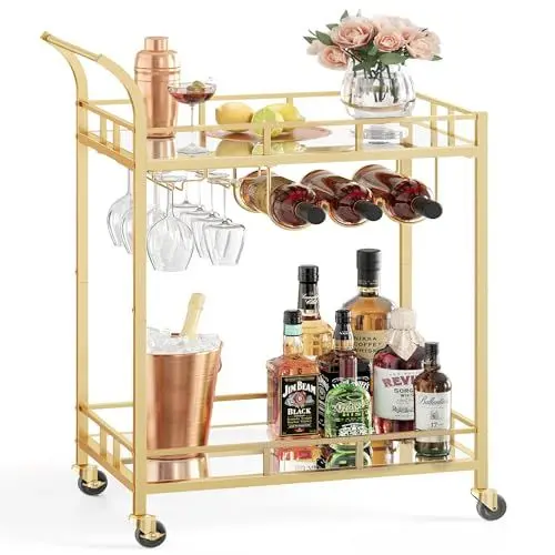 Produktbild: VASAGLE Servierwagen, Rollwagen, Gläserhalter, 2 verspiegelte Glasablagen, Barwagen, Weinwagen, für Küche, Esszimmer, Bar, goldfarben LRC092A62