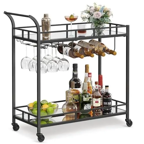 Produktbild: VASAGLE Servierwagen, Rollwagen, Gläserhalter, 2 verspiegelte Glasablagen, Barwagen, Weinwagen, für Küche, Esszimmer, Bar, schwarz LRC090B62