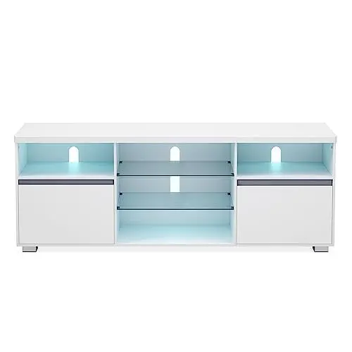 Produktbild: VASAGLE TV-Schrank mit LED-Beleuchtung, Fernsehtisch, TV-ständer für Fernseher bis zu 70 Zoll, mit offenen Ablagen, 2 Schränke mit Türen, 160 cm, für Wohnzimmer, weiß LTV331T10