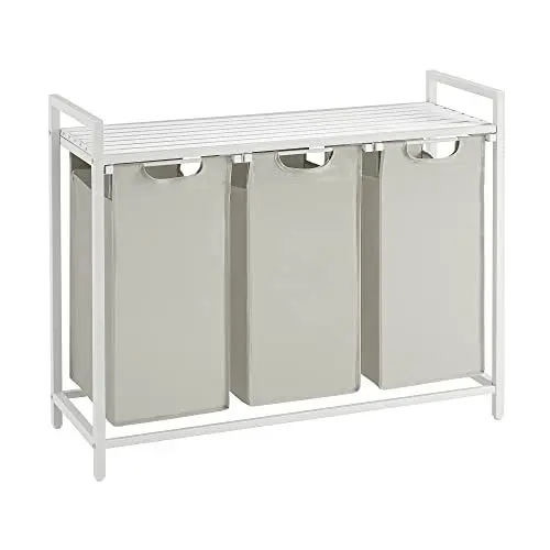 Produktbild: VASAGLE Wäschekorb 3 Fächer, Wäschesammler mit Ablage, Wäschebox, Wäschesack aus Oxford-Gewebe ausziehbar abnehmbar, Metallrahmen, 3 x 38 L, 92,5 x 33 x 72 cm, weiß BLH301W01