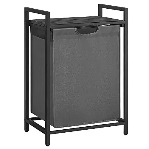 Produktbild: VASAGLE Wäschekorb, Wäschesammler mit Ablage, Wäschebox, Wäschesack aus Oxford-Gewebe ausziehbar abnehmbar, Metallrahmen, 65 L, 50 x 33 x 72 cm, grau-schwarz BLH101G01