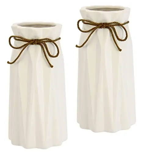 Produktbild: Vase mit Riffelungen und Schleife aus Keramik Dekovase Einzelblumen Trockenblumen Zylindervase weiß matt geriffelt Blumenvase Modern Vasen für Tischdeko Tischvase Dekoration Trockenblume Pampasgras